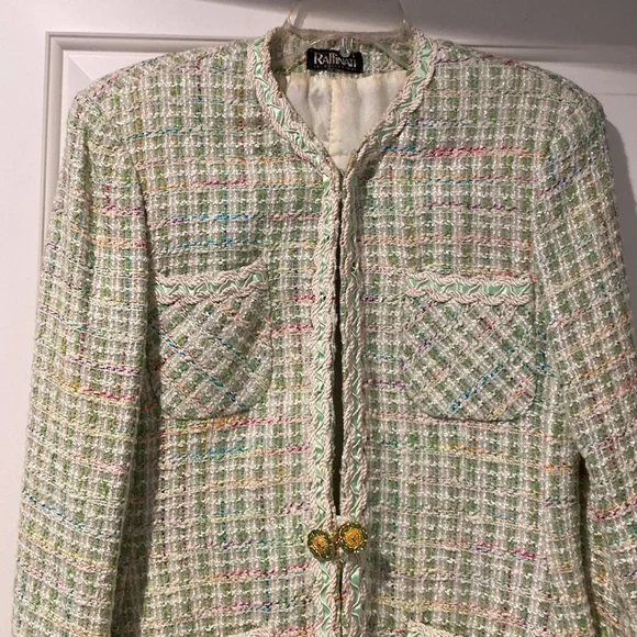 Looks like designer  Pastel Tweed Jacket w/ green trim on  edges;pretty buttons. - Picture 2 of 4